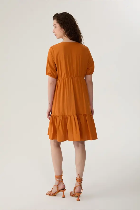 V Neck Relaxed Fit Linen Dress - Orange - 5