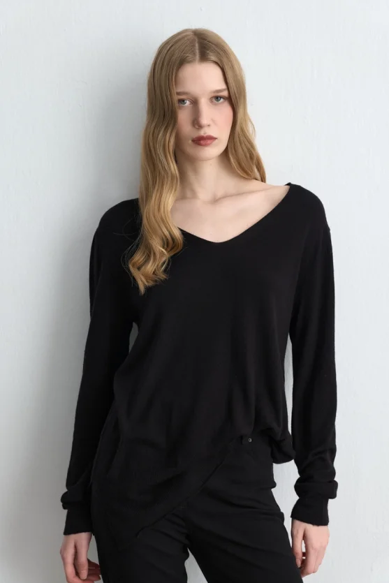 V Neck Relaxed Fit Wool Knitwear Black - 1