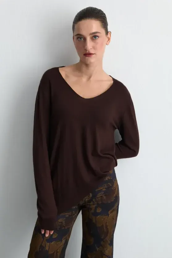 V-Neck Relaxed Fit Wool Knitwear - Brown - 2