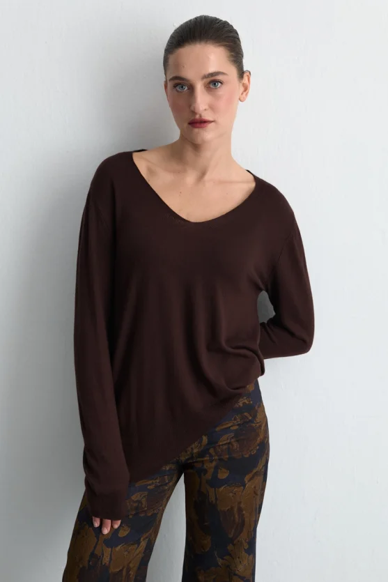 V Neck Relaxed Fit Wool Knitwear Brown - 2