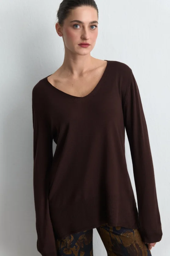 V Neck Relaxed Fit Wool Knitwear Brown - Gusto