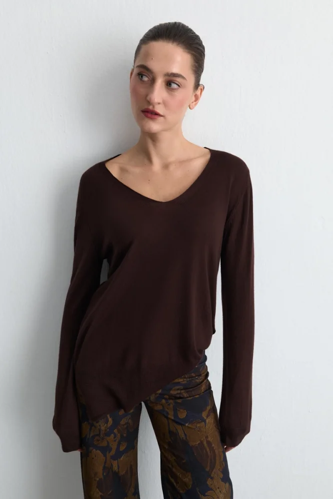 V Neck Relaxed Fit Wool Knitwear Brown