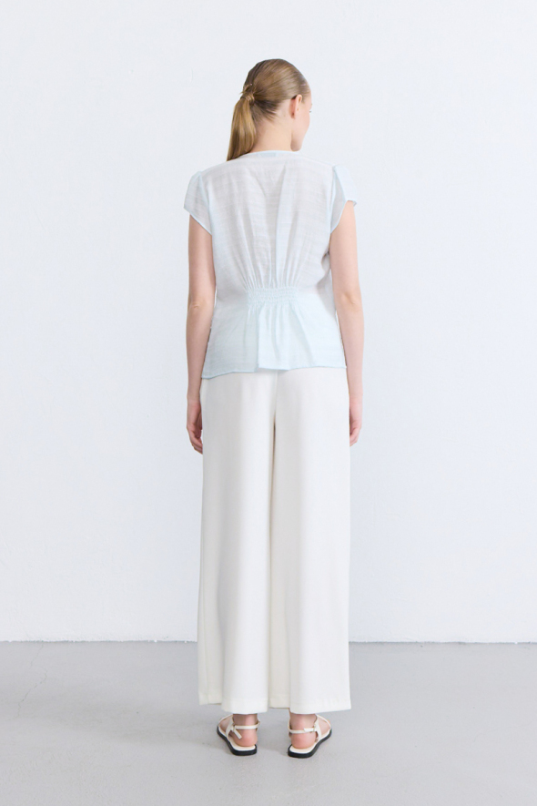 V-Neck Ruched Sleeve Blouse - Blue - 4