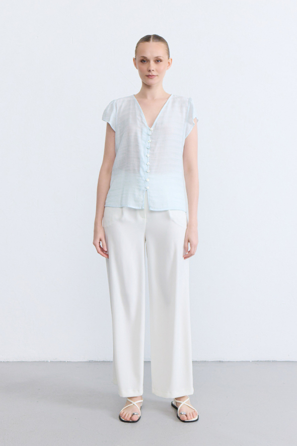 V-Neck Ruched Sleeve Blouse - Blue - 2