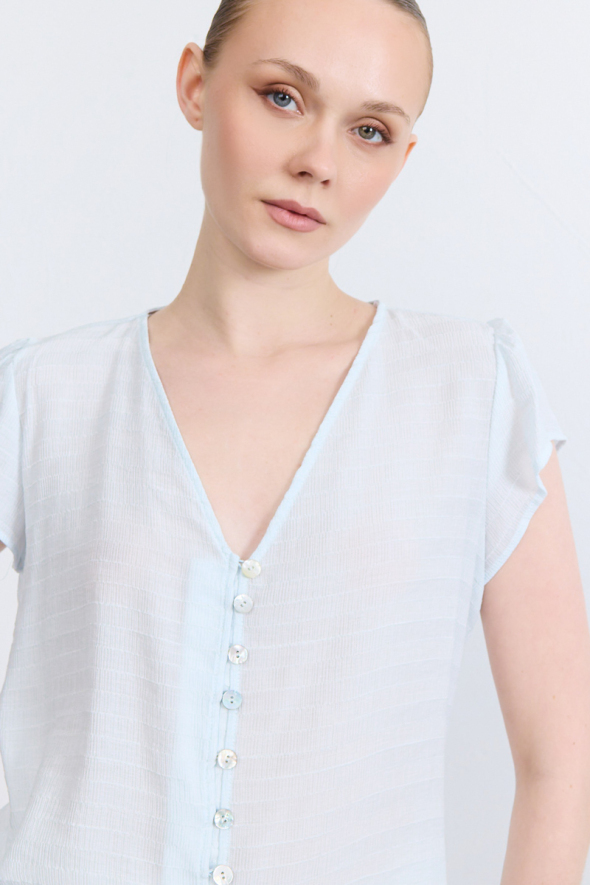V-Neck Ruched Sleeve Blouse - Blue - 3