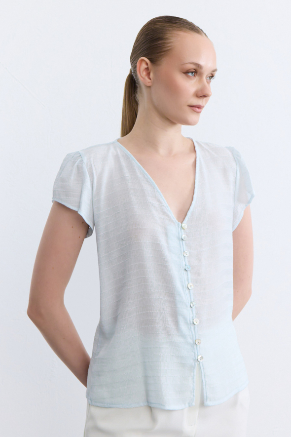 V-Neck Ruched Sleeve Blouse - Blue - 1