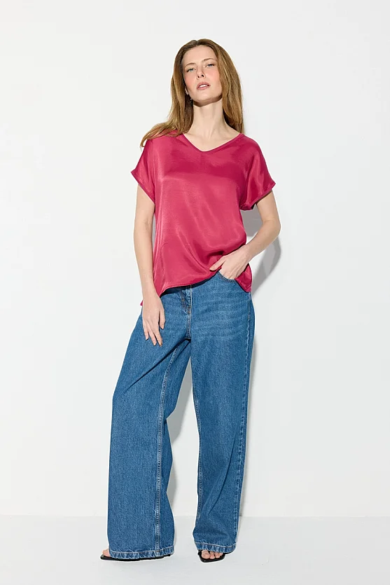V-Neck Satin Front T-Shirt - Fuchsia - 4