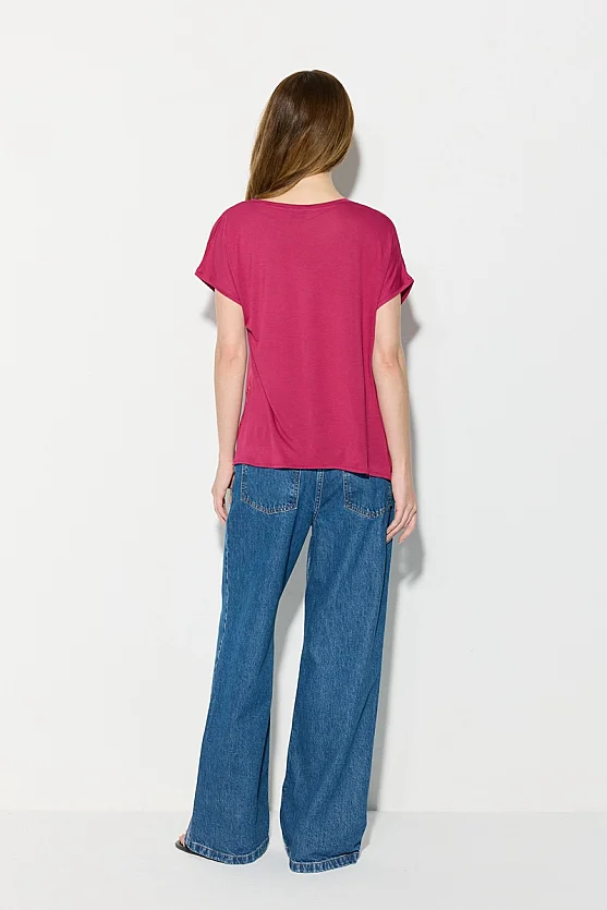V-Neck Satin Front T-Shirt - Fuchsia - Gusto