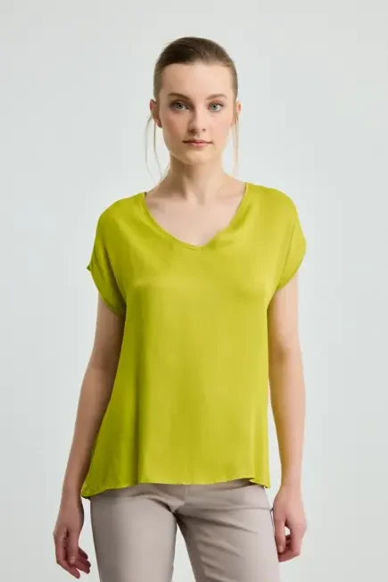 V-Neck Satin Front T-shirt - Pistachio Green Pistachio Green