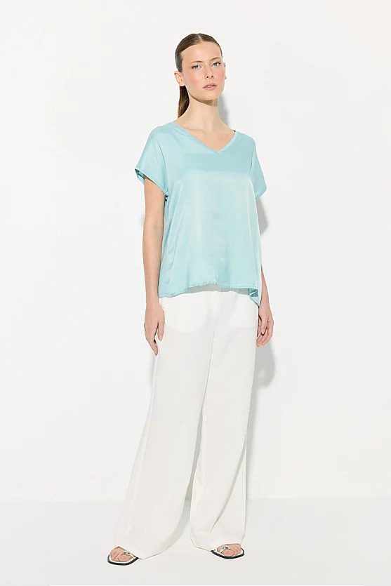 V-Neck Satin Front T-Shirt - Turquoise - 2