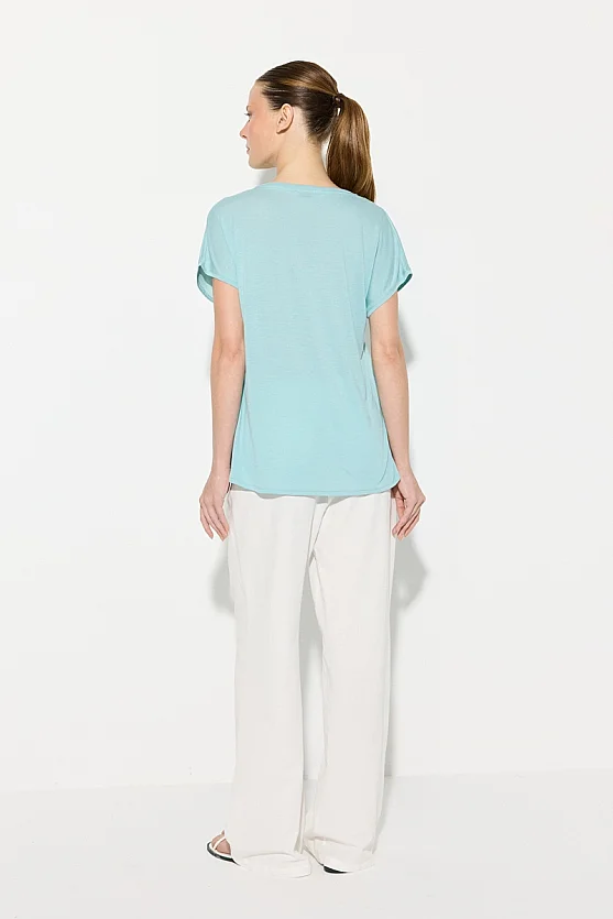 V-Neck Satin Front T-Shirt - Turquoise - 5