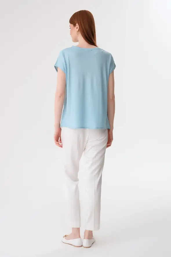 V Neck Satin Front T-shirt - Turquoise - 5