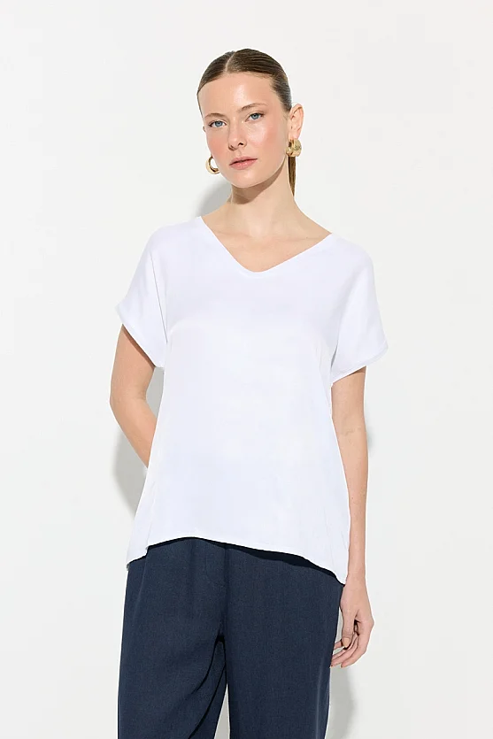 V-Neck Satin Front T-Shirt - White - 1