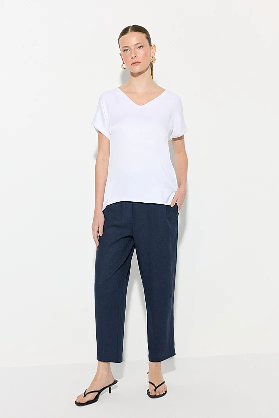 V-Neck Satin Front T-Shirt - White - 3