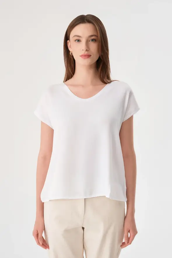 V Neck Satin Front T-shirt - White - 1