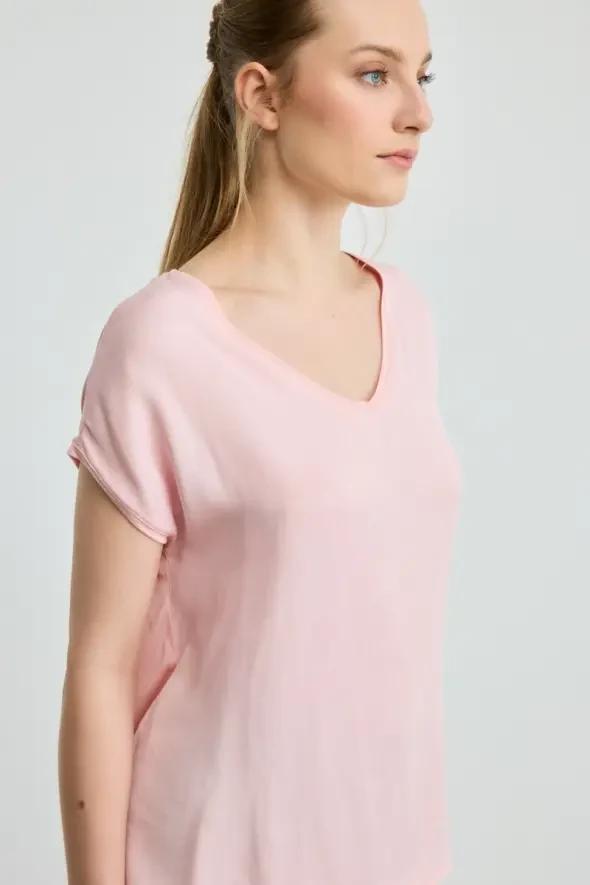 V-Neck Satin T-Shirt - Pink - 2