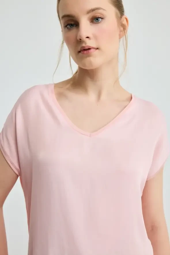 V-Neck Satin T-Shirt - Pink - 3