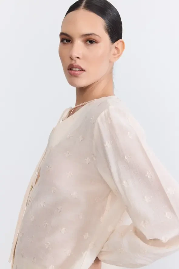 V-Neck Self-Patterned Blouse - Ecru - Gusto