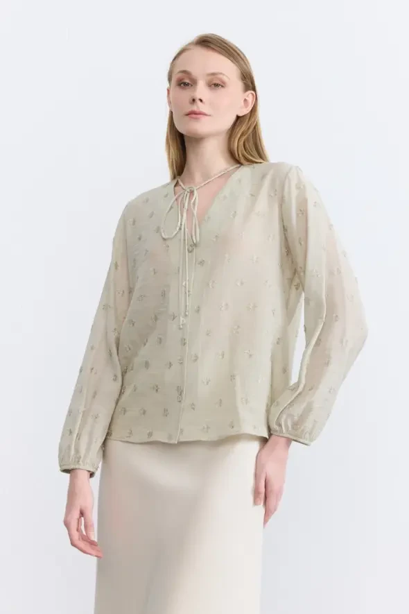 V-Neck Self-Patterned Blouse - Green - Gusto