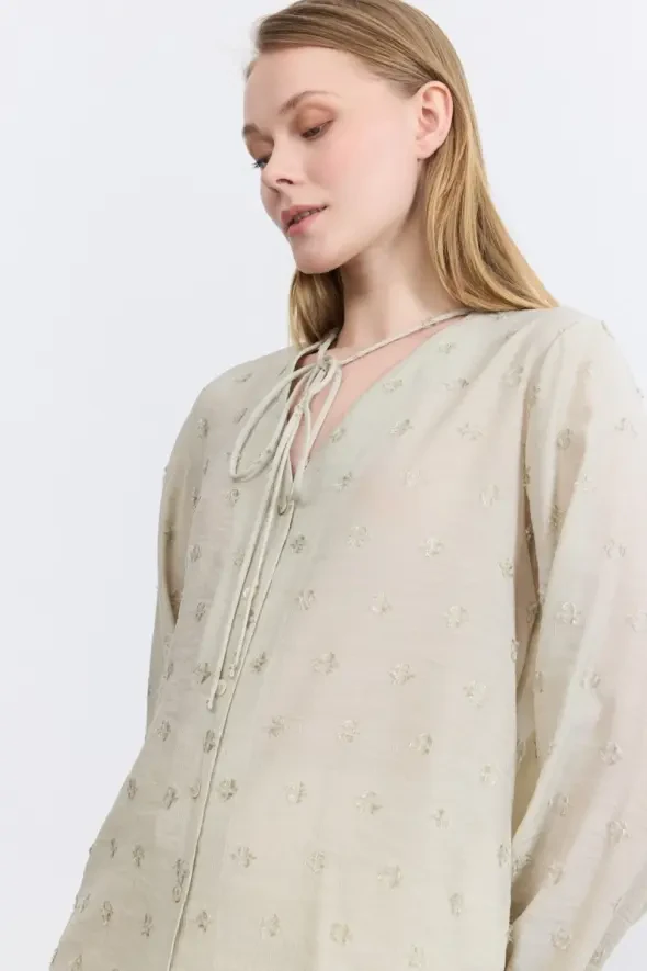 V-Neck Self-Patterned Blouse - Green - Gusto