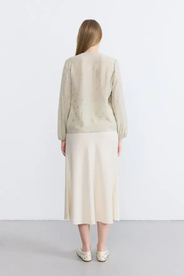 V-Neck Self-Patterned Blouse - Green - Gusto