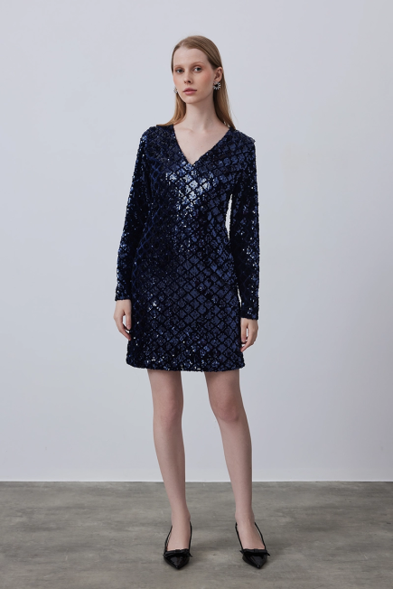 V Neck Sequin Dress - Navy Navy Blue