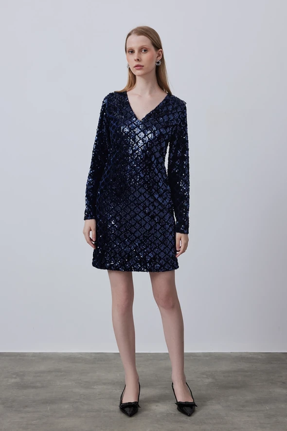 V Neck Sequin Dress - Navy - 1