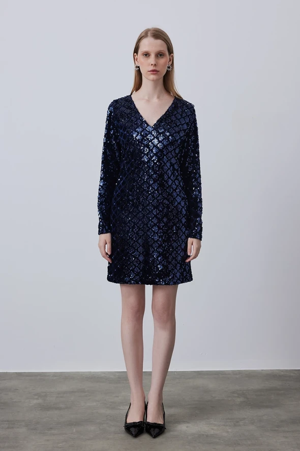 V Neck Sequin Dress - Navy - 3