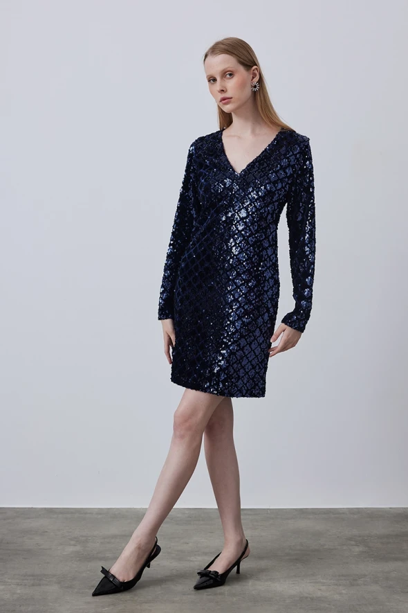 V Neck Sequin Dress - Navy - 4