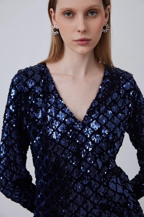 V Neck Sequin Dress - Navy - 5