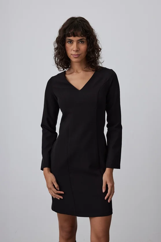 V-Neck Stretch Midi Dress - Black - Gusto