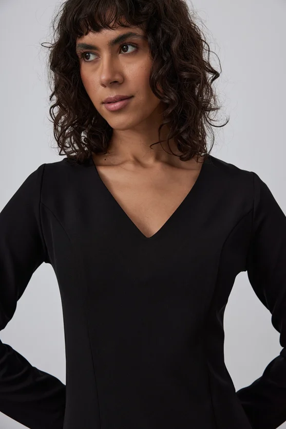 V-Neck Stretch Midi Dress - Black - 4