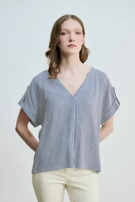 V-Neck Striped Viscose Blouse - Navy Blue Navy Blue