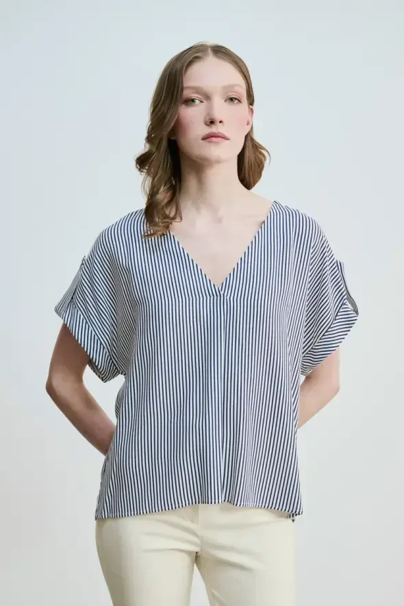 V-Neck Striped Viscose Blouse - Navy Blue - 1