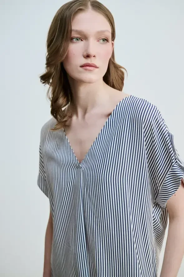 V-Neck Striped Viscose Blouse - Navy Blue - 2