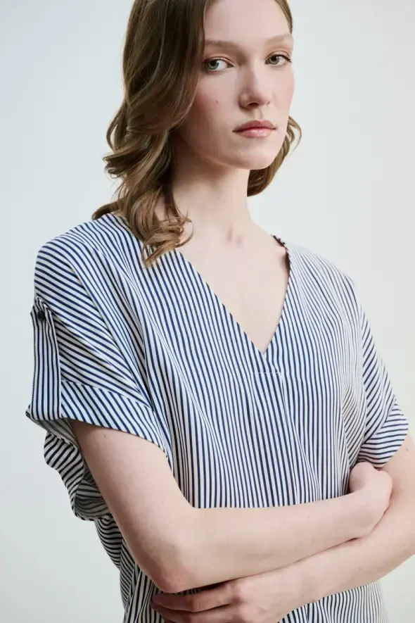 V-Neck Striped Viscose Blouse - Navy Blue - 3