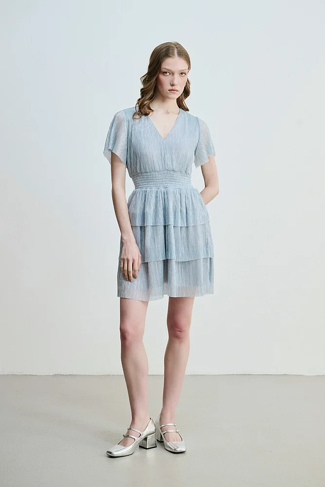 V-Neck Tiered Shimmer Evening Dress - Blue