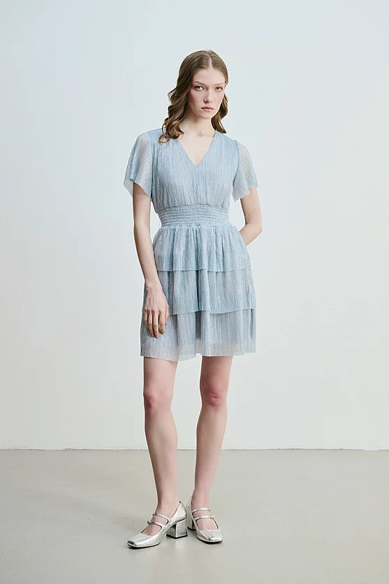 V-Neck Tiered Shimmer Evening Dress - Blue - Gusto