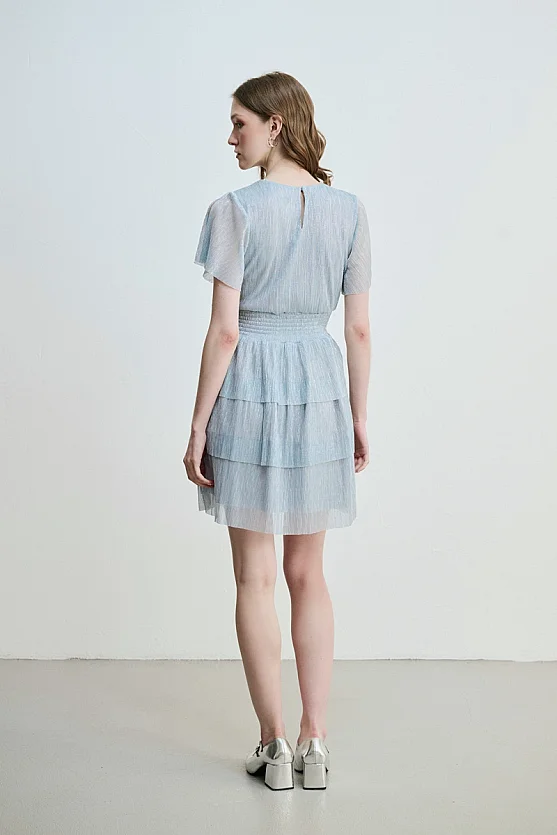 V-Neck Tiered Shimmer Evening Dress - Blue - 9