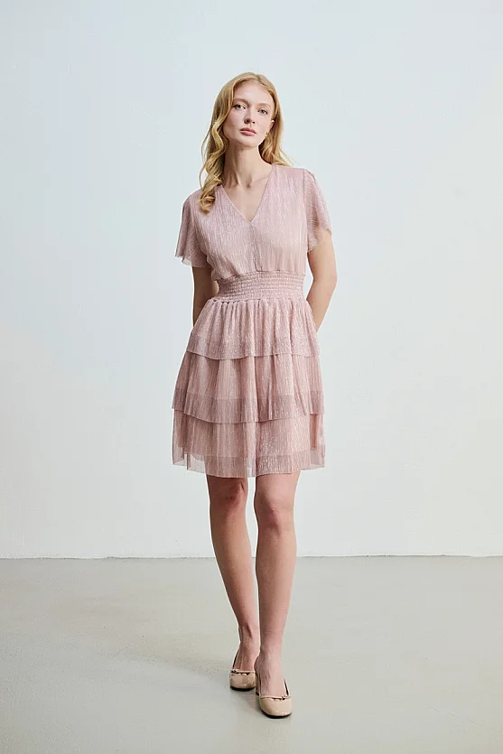 V-Neck Tiered Shimmer Evening Dress - Pink - Gusto