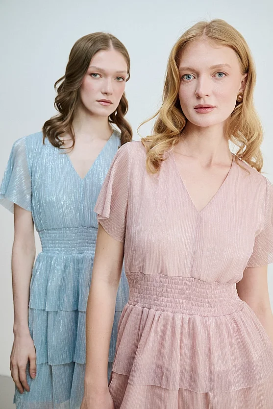 V-Neck Tiered Shimmer Evening Dress - Pink - Gusto