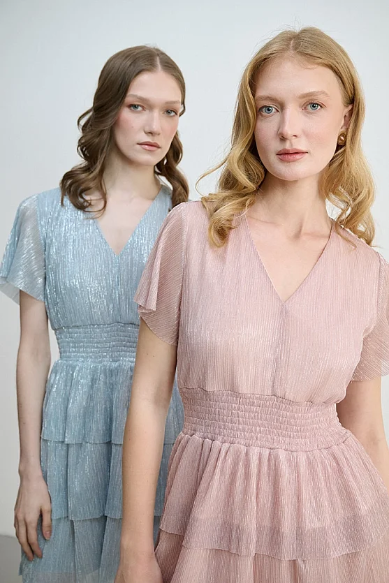 V-Neck Tiered Shimmer Evening Dress - Pink - Gusto