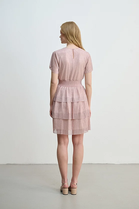 V-Neck Tiered Shimmer Evening Dress - Pink - Gusto