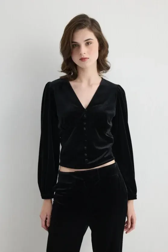 V Neck Velvet Blouse - Black - Gusto