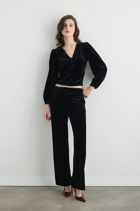 V Neck Velvet Blouse - Black - Gusto