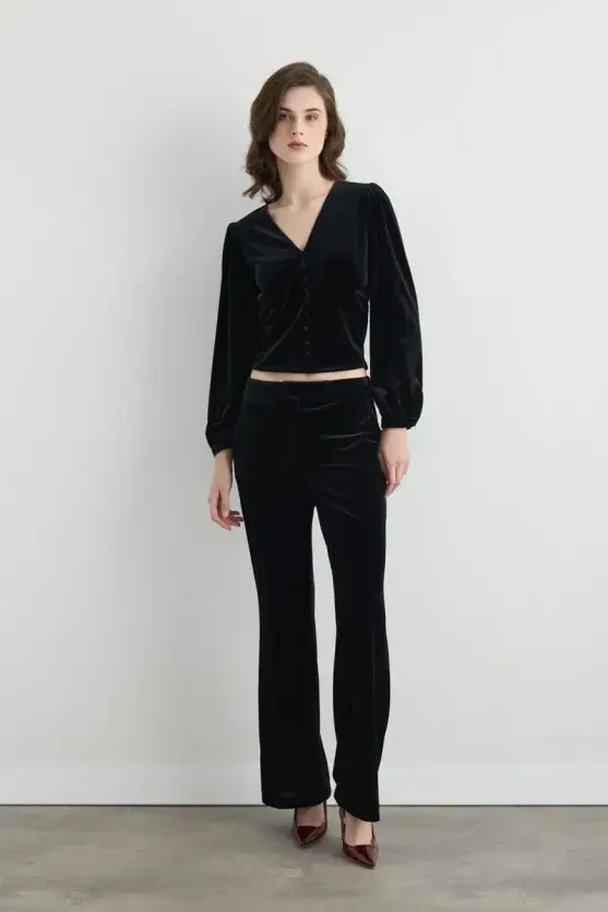V Neck Velvet Blouse - Black - 4