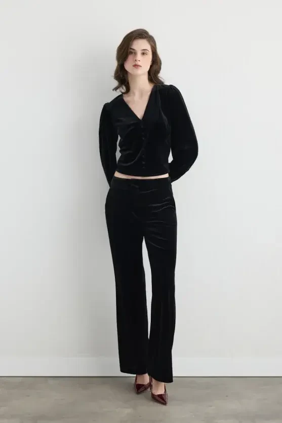 V Neck Velvet Blouse - Black - Gusto