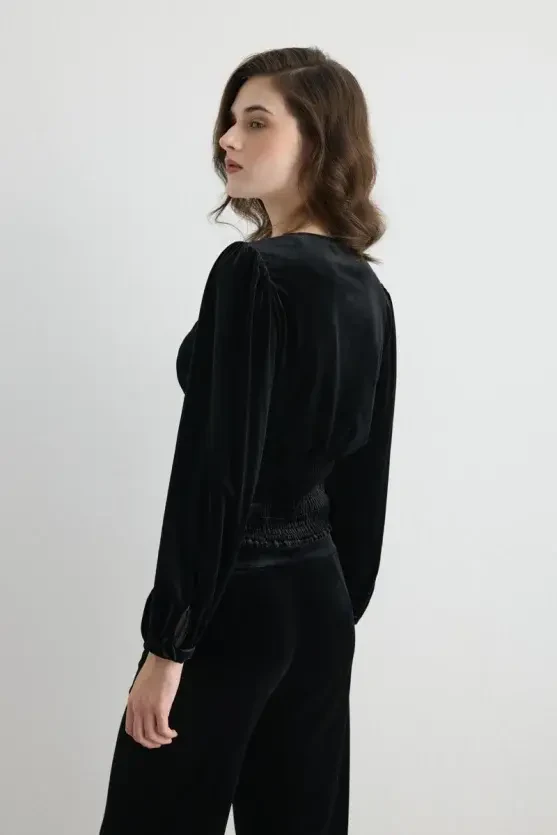 V Neck Velvet Blouse - Black - Gusto
