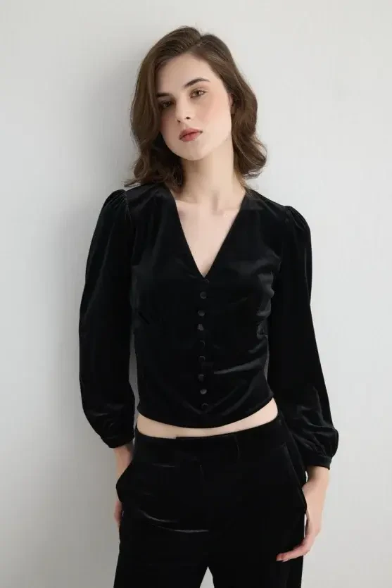 V Neck Velvet Blouse - Black - Gusto