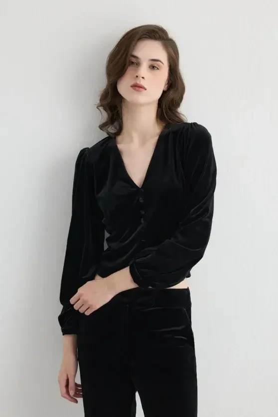 V Neck Velvet Blouse - Black - 5